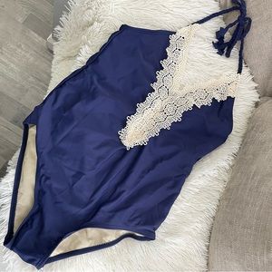 (NWOT) Plunged Crochet Trim Swimsuit